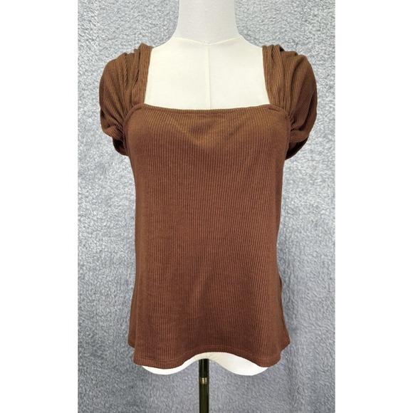 Anthropologie Sweaters - Anthropologie Ribbed Knit Crop Sweater Top XL Brown Cocoa Cap Sleeve Fitted